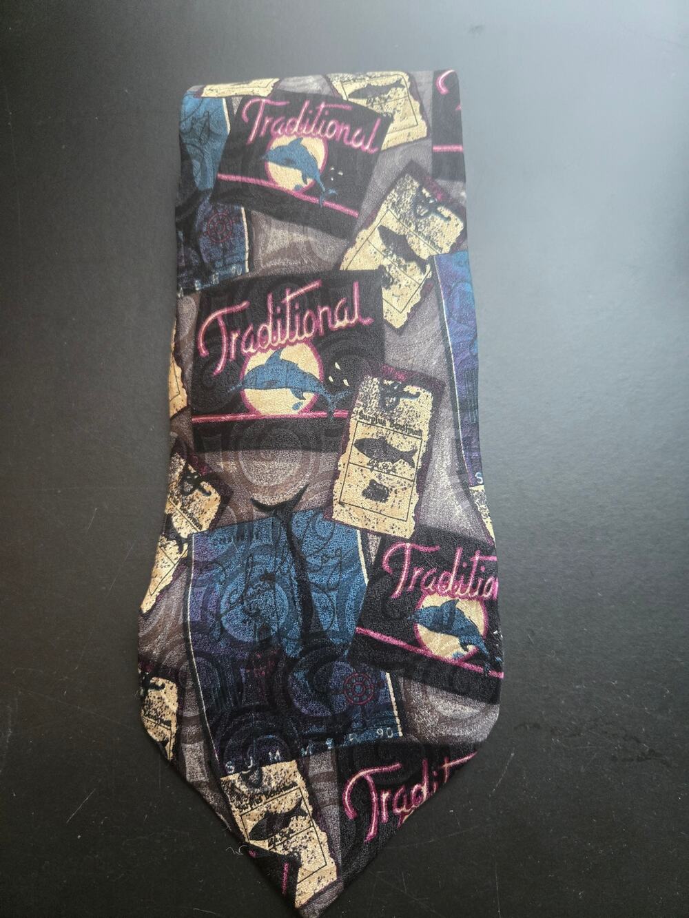 Guess usa vintage necktie multicolor dolphins 100% silk made in USA traditional
